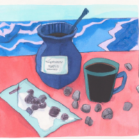 Губка Боб Квадратные Штаны, одетый как почтальон, пьющий кофе на фоне горы, акварели 5-летней давности